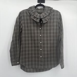 Nico Nicholson & Nicholson Shirt Womens 36 Gray Plaid Bloom Ruffle Collar